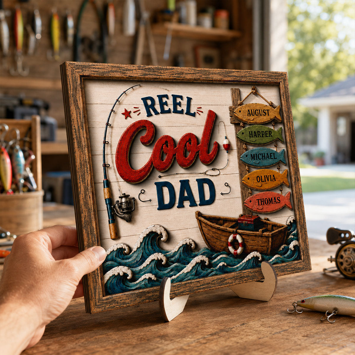 Reel Cool Dad Custom Kids Names Fishing - Personalized Wooden Plaque - Father’s Day Gift For Dad
