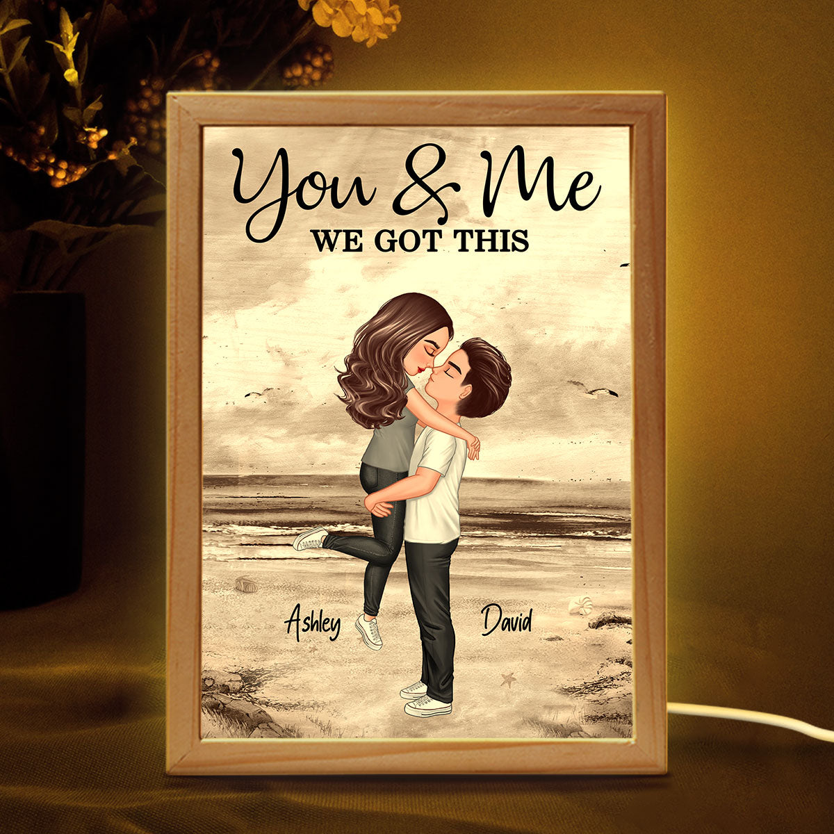 Retro Vintage Couple Hugging Kissing Beach Landscape Personalized Wooden Frame Light Box