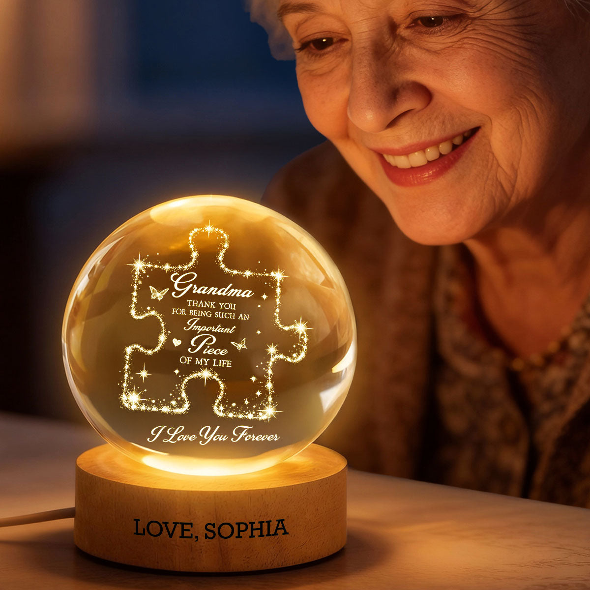 Grandma Thank You Important Piece - Personalized Crystal Ball LED Night Light - Mother's Day Gift For Grandma, Mom