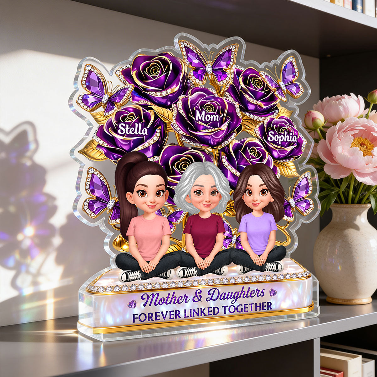 Beautiful Roses Mom And Son Daughter Forever Linked Together - Personalized Acrylic Block Plaque - Gift For Mom