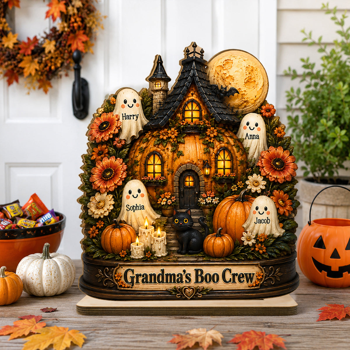 Pumpkin House Grandma's Boo Crew - Personalized 2-Layered Wooden Plaque - Halloween Decor Gift, Gift For Grandma