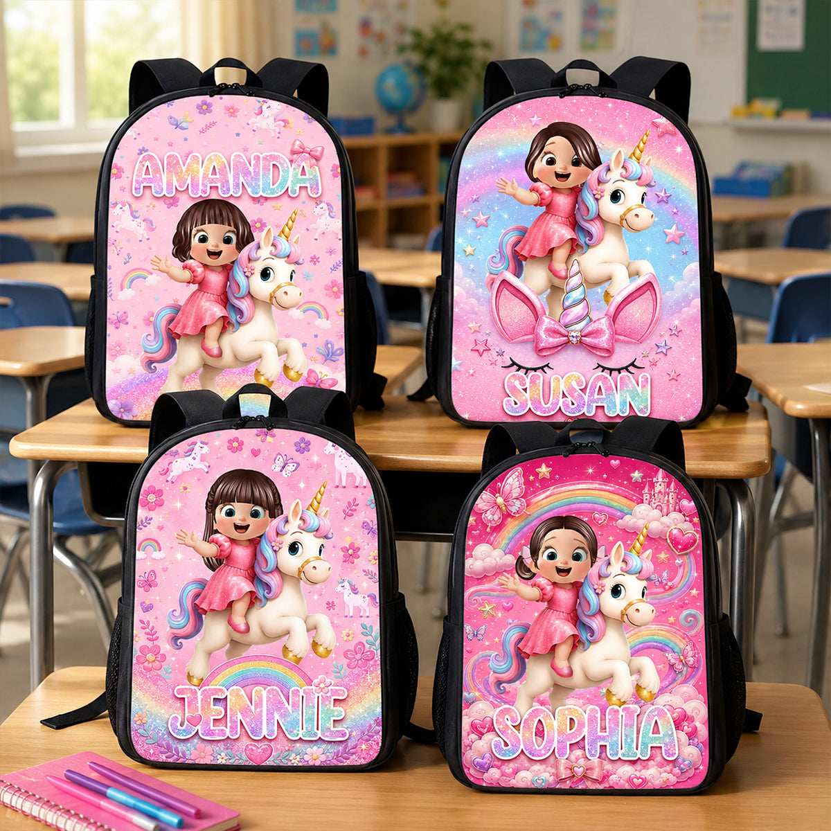 Unicorn Theme Design for Girls - Personalized Backpack - Back to School Gift for Daughters, Granddaughters
