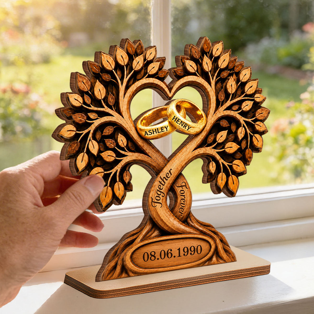 Forever Love Couple Rings In Tree Canopy - Personalized 2-Layered Wooden Plaque - Anniversary Gift, Wedding Gift For Couple