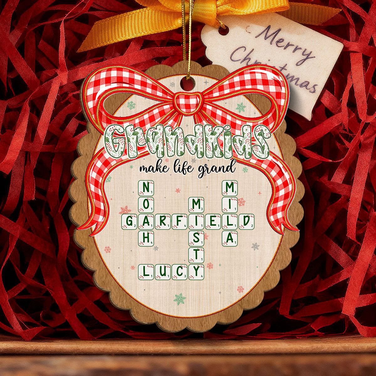 Grandkids Make Life Grand Coquette Floral Christmas Pattern Crossword Puzzle Art - Personalized Wooden Ornament