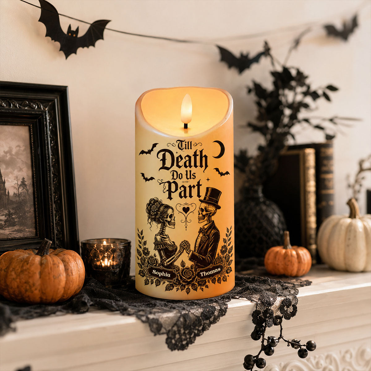 Till Death Do Us Part Skeleton Couple - Personalized LED Candle - Halloween Decor For Couple