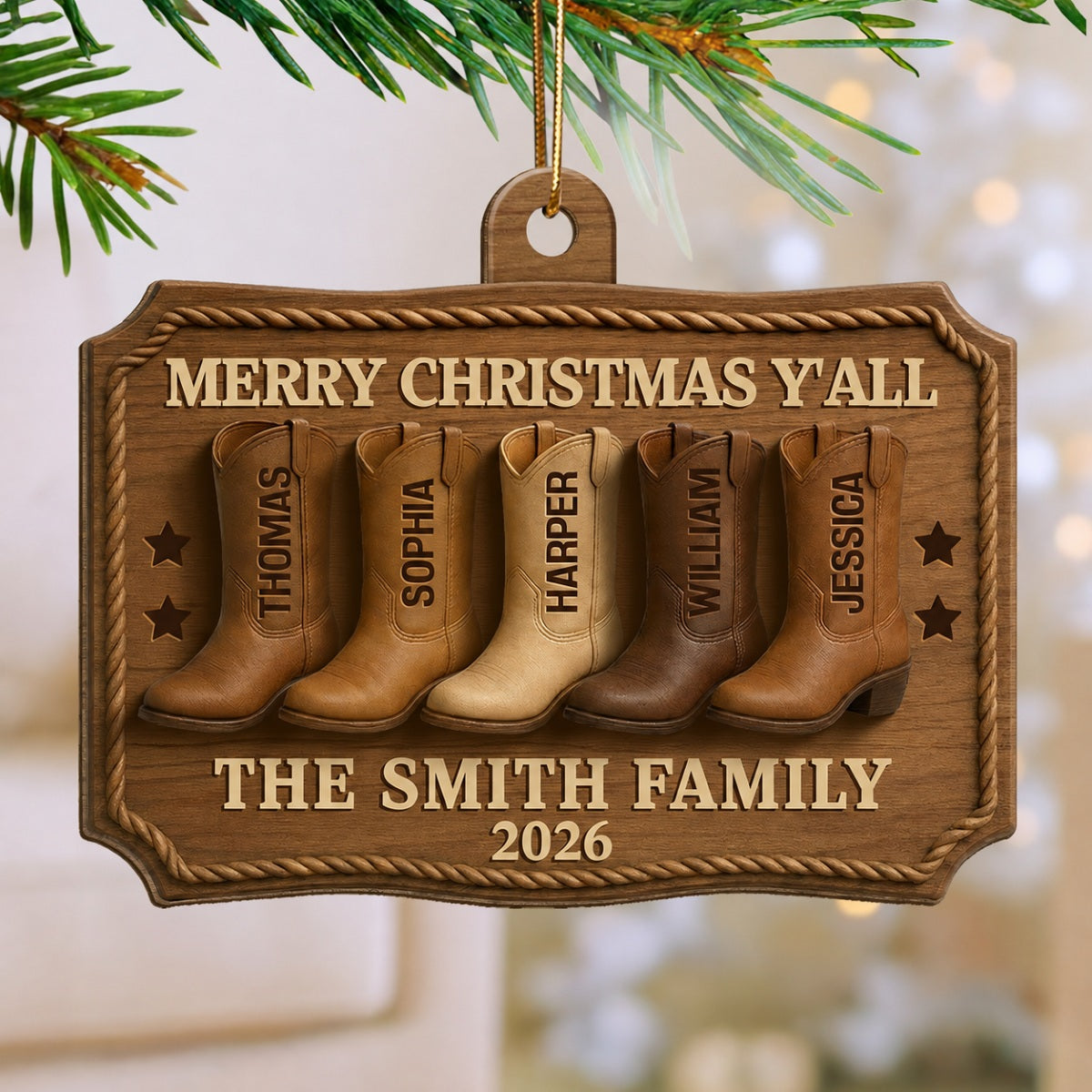 3D Effect Christmas Family Cowboy Boots Merry Christmas Y'all - Personalized Wooden Ornament - Gift For Family