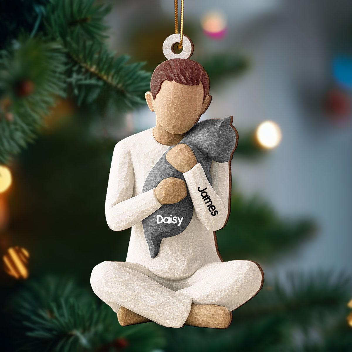 3D Effect Woman Hugging Cat - Personalized Wooden Ornament - Christmas Gift For Cat Lovers, Cat Mom