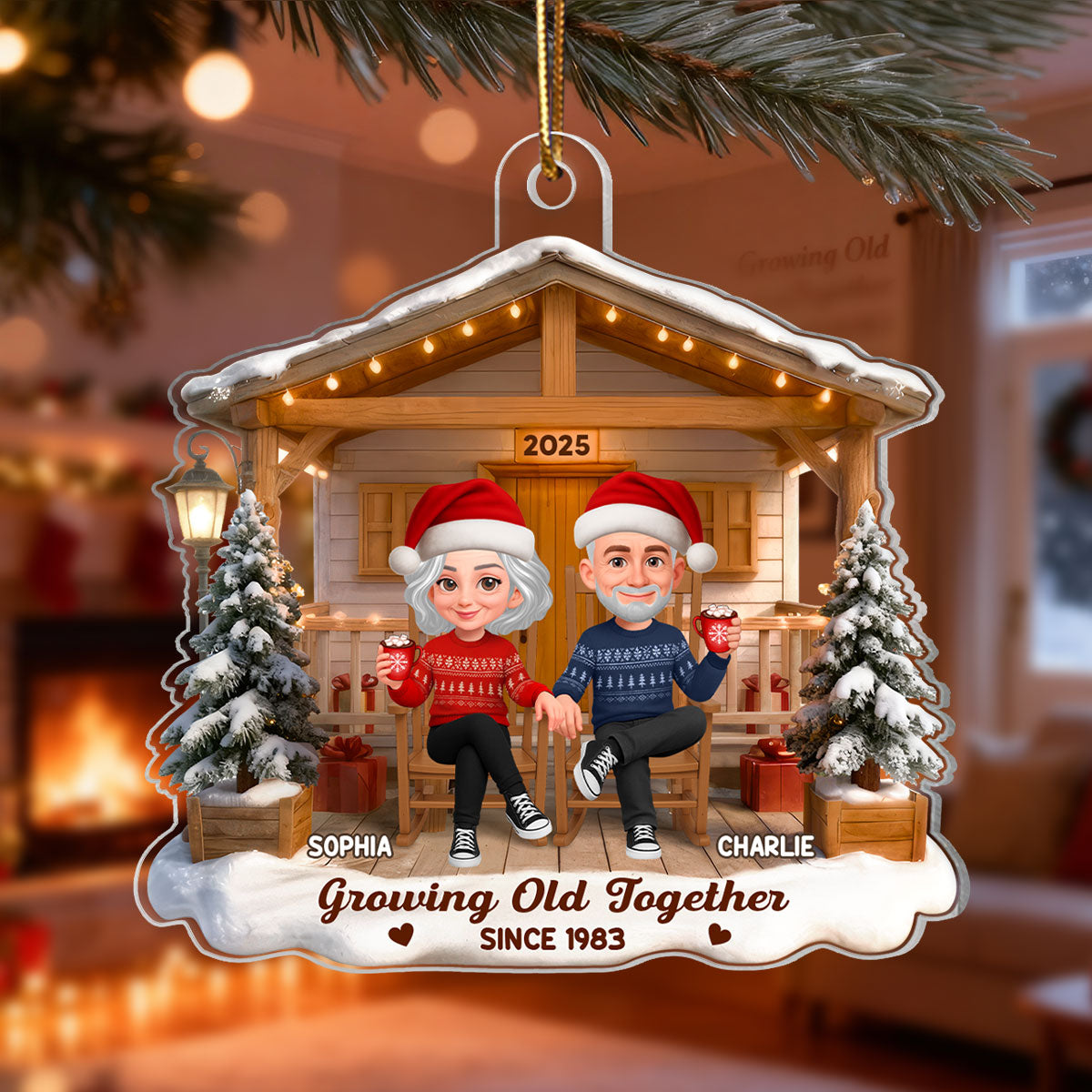 3D Effect Nostalgia Eternal Love Couple On Front Porch - Personalized Acrylic Ornament - Gift For Couple, For Him, For Her, Farmhouse Decor