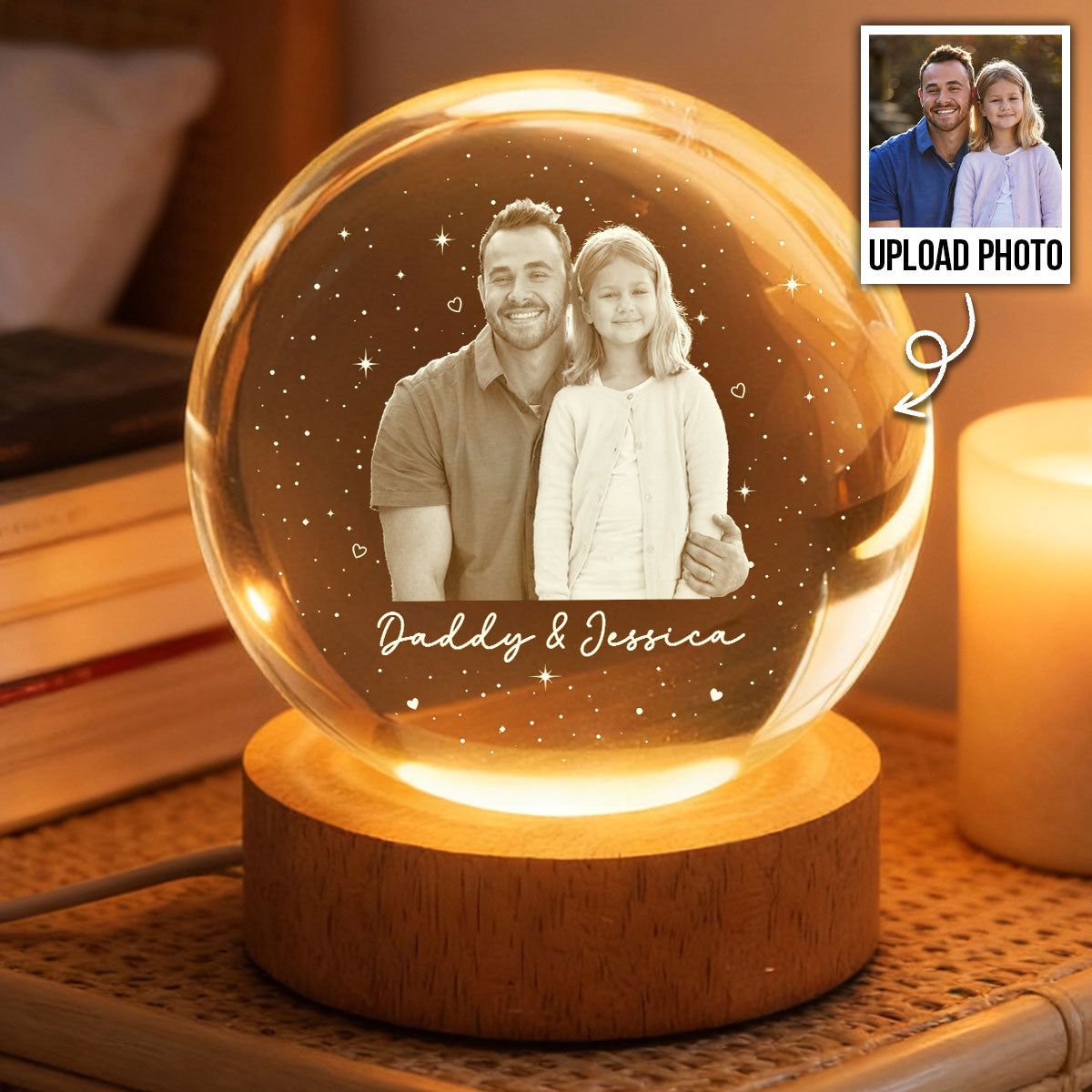 Dad And Kid Custom Upload Photo - Personalized Crystal Ball LED Night Light -  Gift For Dad