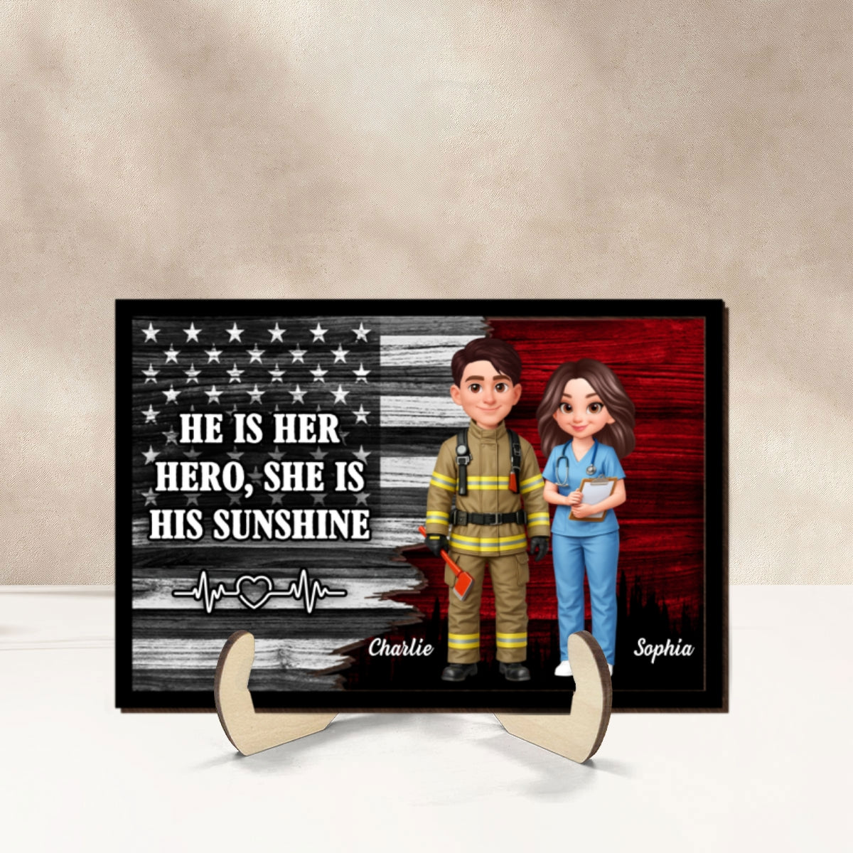 Custom Hero Couple Thin Red Line Nation Flag - Personalized 2-Layered Wooden Plaque - Heartfelt Gift for Him, for Her