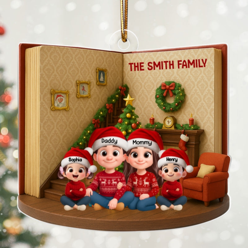 3D Book House Cozy Vibe Family Sitting Together - Personalzied Acrylic Ornament - Christmas Gift for Family