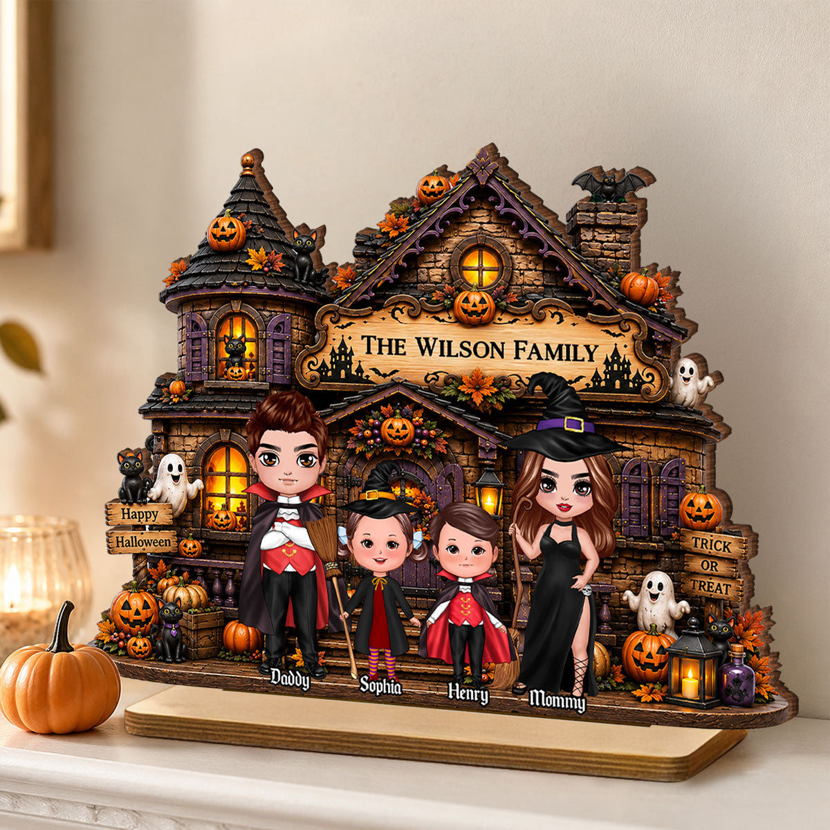 Family Haunted House Trick or Treat - Personalized 2-Layered Wooden Plaque - Halloween Gothic Home Sign
