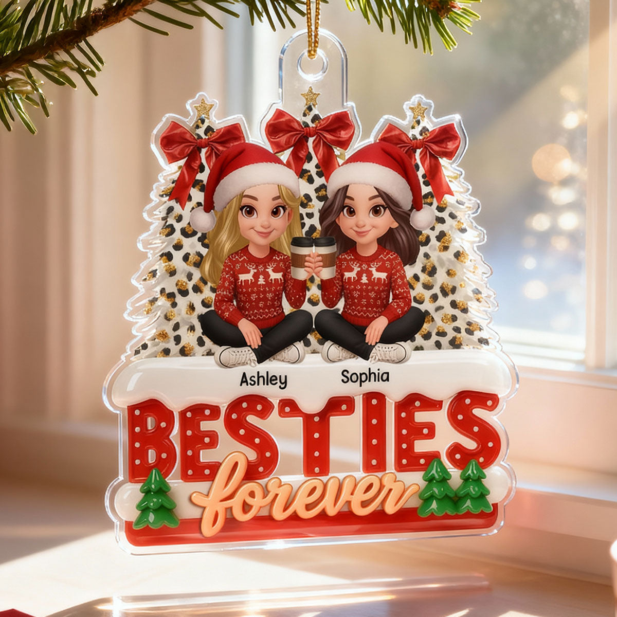 3D Effect Cartoon Besties Forever Leopard Coquette Christmas Tree - Personalized Acrylic Ornament