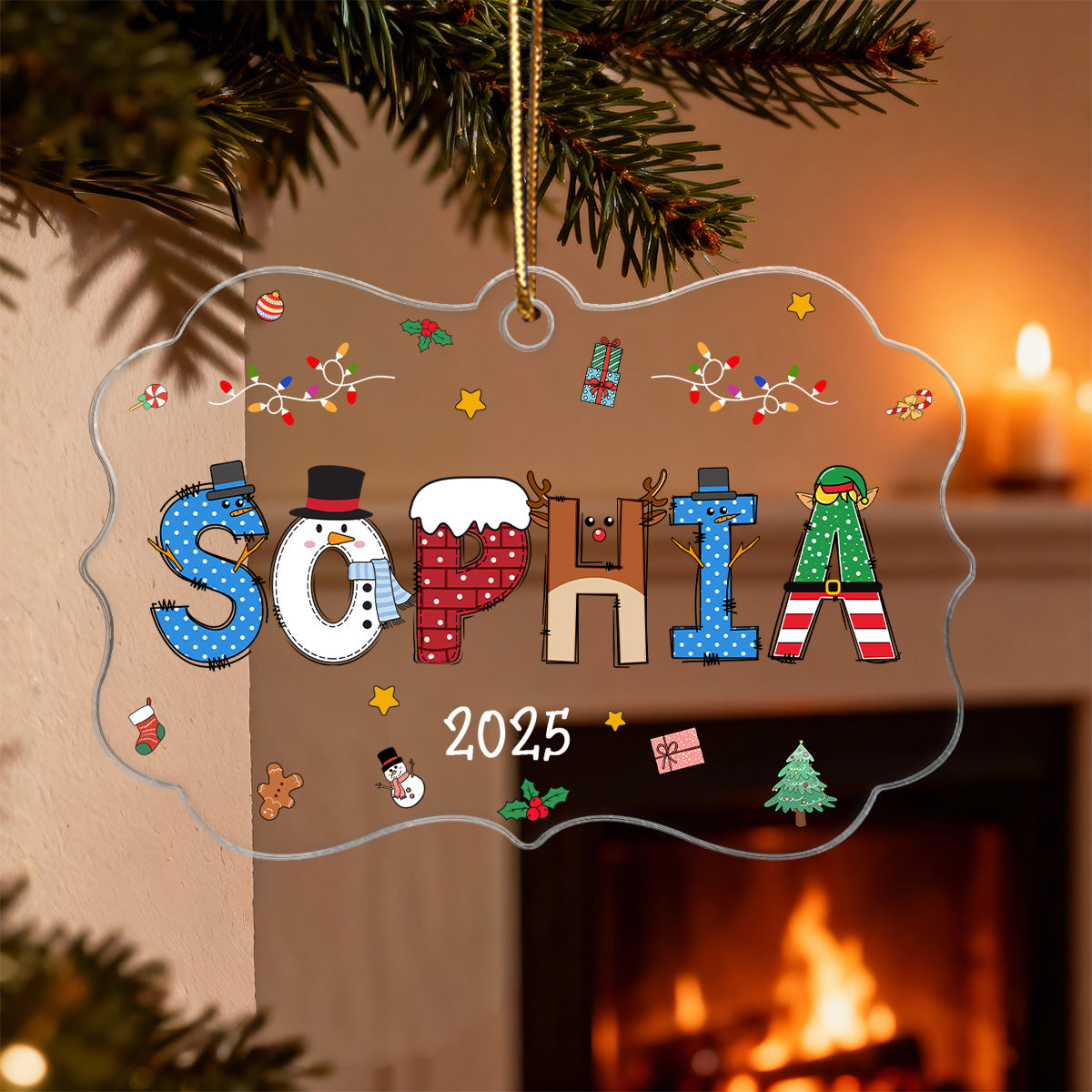 Christmas Theme Kid Name Christmas - Personalized Acrylic Ornament - Gift For Grandchildren, Boy, Girl