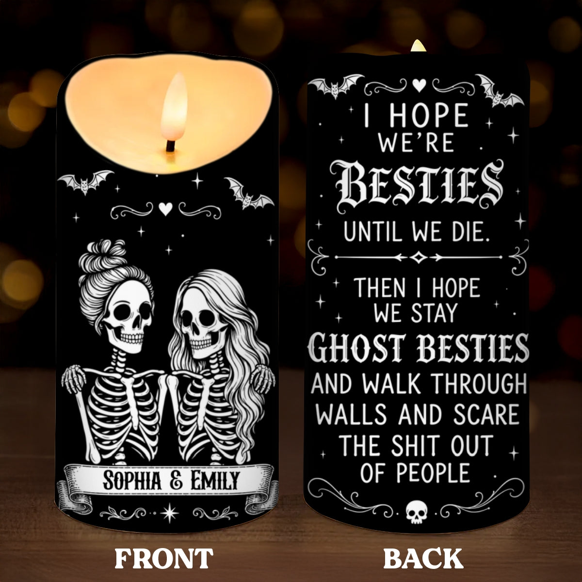 Skeleton Besties Until We Die - Personalized LED Candle - Funny Work Bestie Gift, Halloween Keepsake For Best Friends