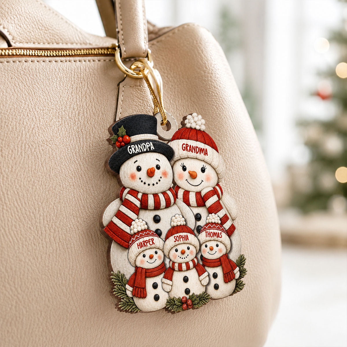 Cute Snowman Grandparents & Grandkids 2D Flat Printed - Personalized Wooden Ornament - Christmas Tree Decor For Family, Grandma, Grandpa