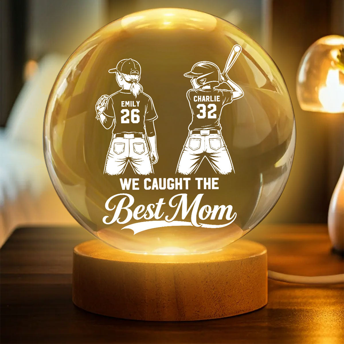 Baseball Players We Caught The Best Mom - Personalized Crystal Ball LED Night Light - Mother's Day Gift For Baseball Mom, Wife
