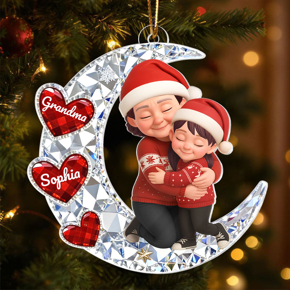 3D Crystal Effect Grandma Grandkid Hugging Moon Heart - Personalized Acrylic Ornament - Christmas Gift for Grandma, Grandkids