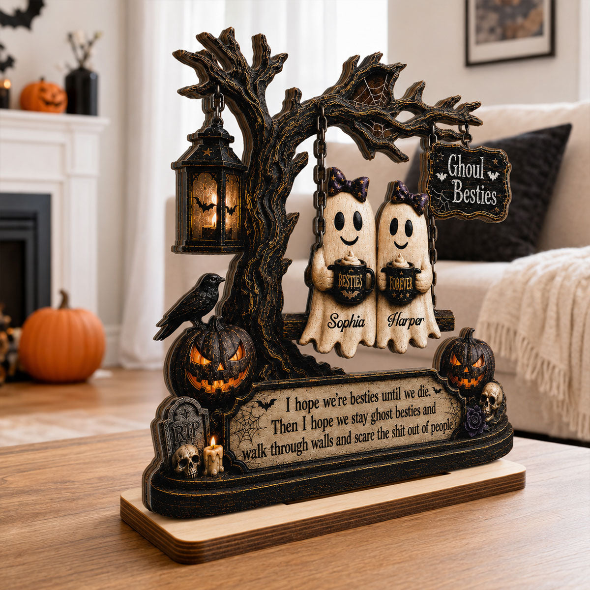 Ghost Besties On Swing Friends Until We Die 2D Flat - Personalized 2-Layered Wooden Plaque - Funny Work Bestie Gift, Halloween Keepsake For Best Friends