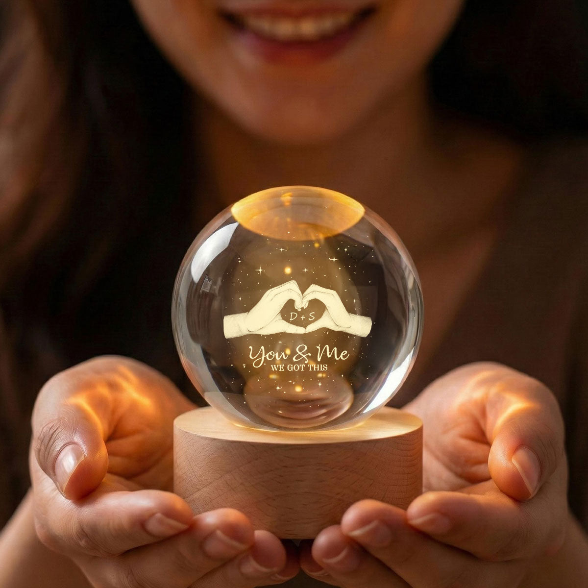 Hearts Hands Couple Initials - Personalized Crystal Ball LED Night Light - Valentine's Day Gift For Couple