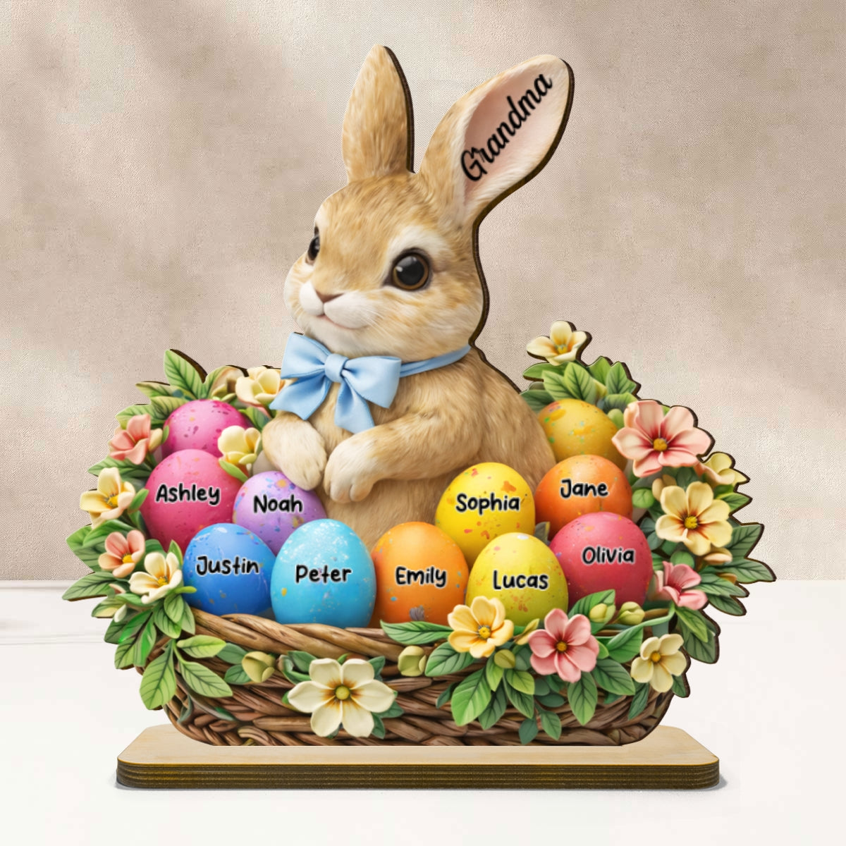 Grandma Grandkids Easter Bunny Basket - Personalized 2-Layered Wooden Plaque - Gift For Grandma