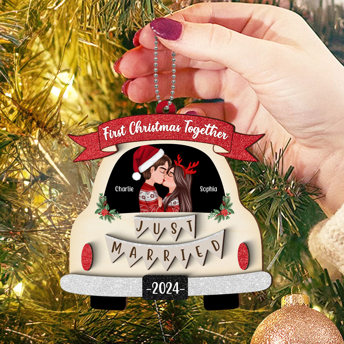 First Christmas Married Couple In Wedding Car Personalized 2-Layer Wooden Ornament, Christmas Gift For Newlyweds
