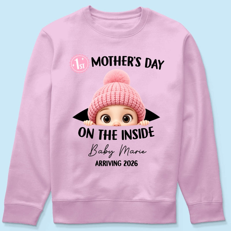 First Mother's Day on the Inside - Personalized Shirt - Baby Arriving Gift, Custom Pregnancy Announcement Tee