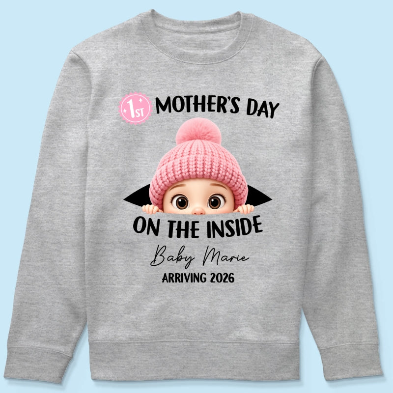 First Mother's Day on the Inside - Personalized Shirt - Baby Arriving Gift, Custom Pregnancy Announcement Tee