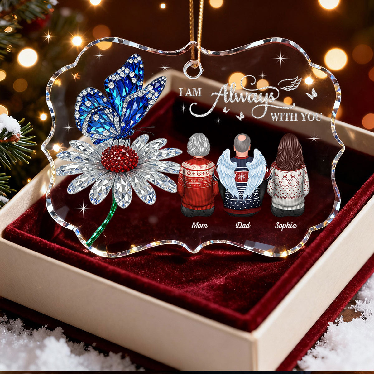 3D Crystal Effect Daisy Butterfly Always With You Family Memorial - Personalized Acrylic Ornament - Remembrance Gift, Sympathy Gift