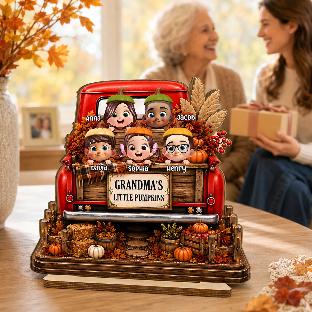 Grandma Grandkids Pumpkins Fall Truck - Personalized 2-Layered Wooden Plaque - Fall Season Decor Gift, Gift For Grandma