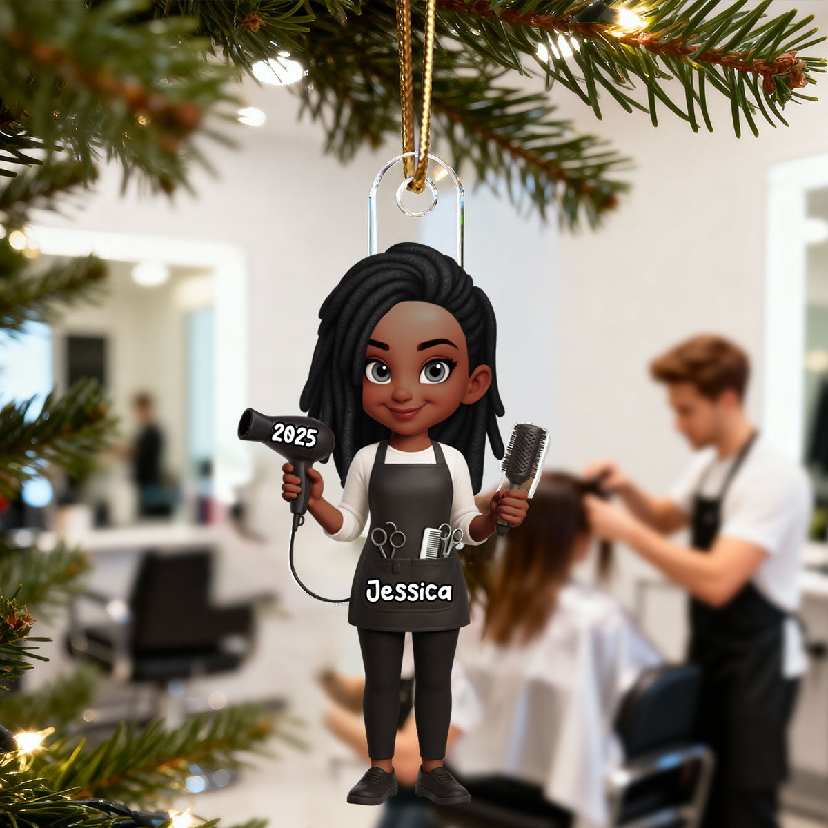 3D Effect Christmas Hairdresser Man Woman - Personalized Acrylic Ornament - Gift For Hairdressers