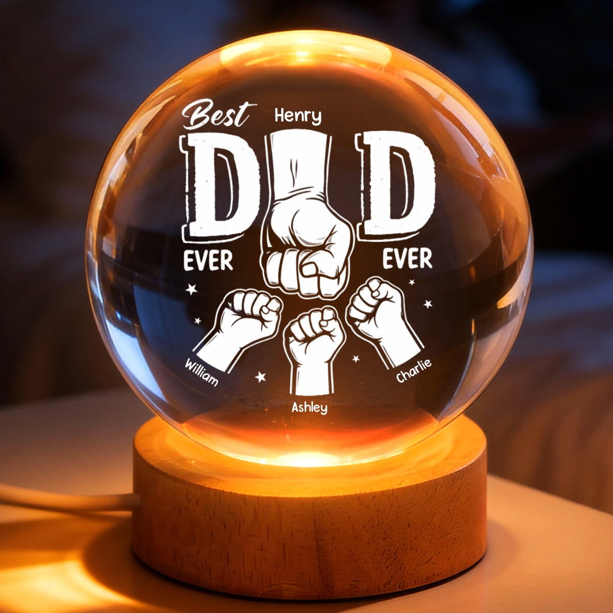 Best Dad Ever Fist Bump - Personalized Crystal Ball LED Night Light - Heartfelt Gift for Dad, Husband