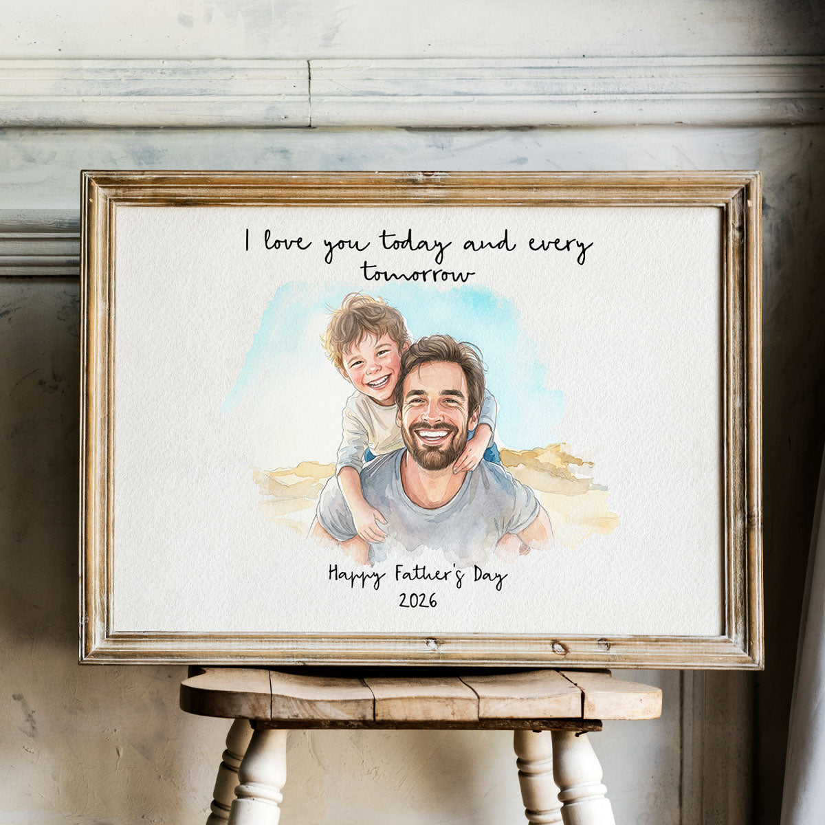 Dad Daughter Son Custom Watercolor Portrait from Photo - Personalized Poster - Father's Day Gift for Him