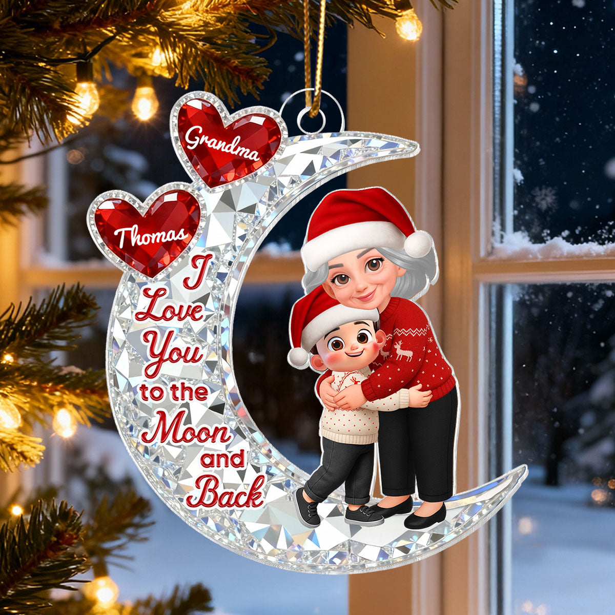 3D Effect Flat Grandma Hugging Grandkid On Moon - Personalized Acrylic Ornament - Gift For Grandma, Grandkids