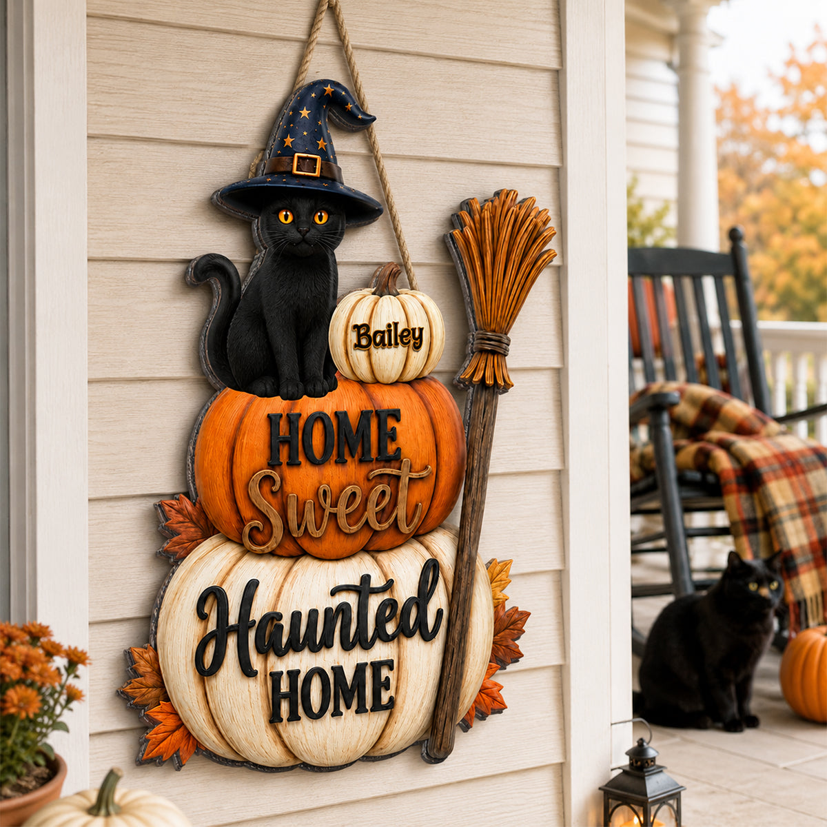 Home Sweet Haunted Home Cat - Personalized Wood Sign - Halloween Decor Gift, Gift For Cat Lovers