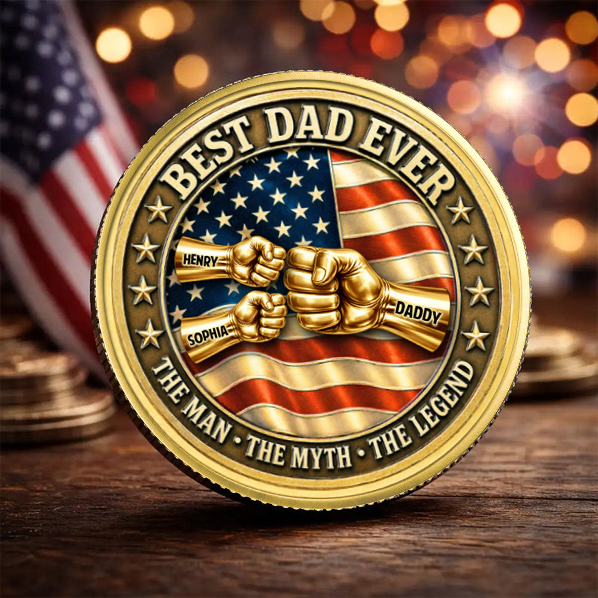 Proud American Best Dad Grandpa Ever Fist Bump - Personalized Commemorative Keepsake Coin - Father's Day Gift For Dad