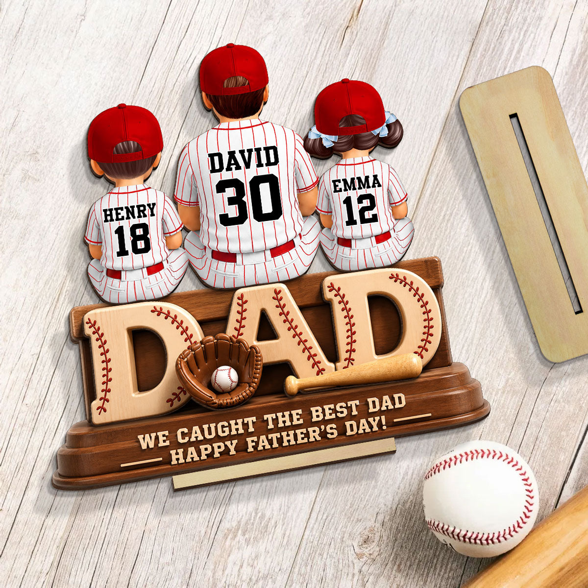 We Caught the Best Baseball Dad, Dad & Kids Back View - Personalized 2-Layered Wooden Plaque -  Gift for Dad, Husband