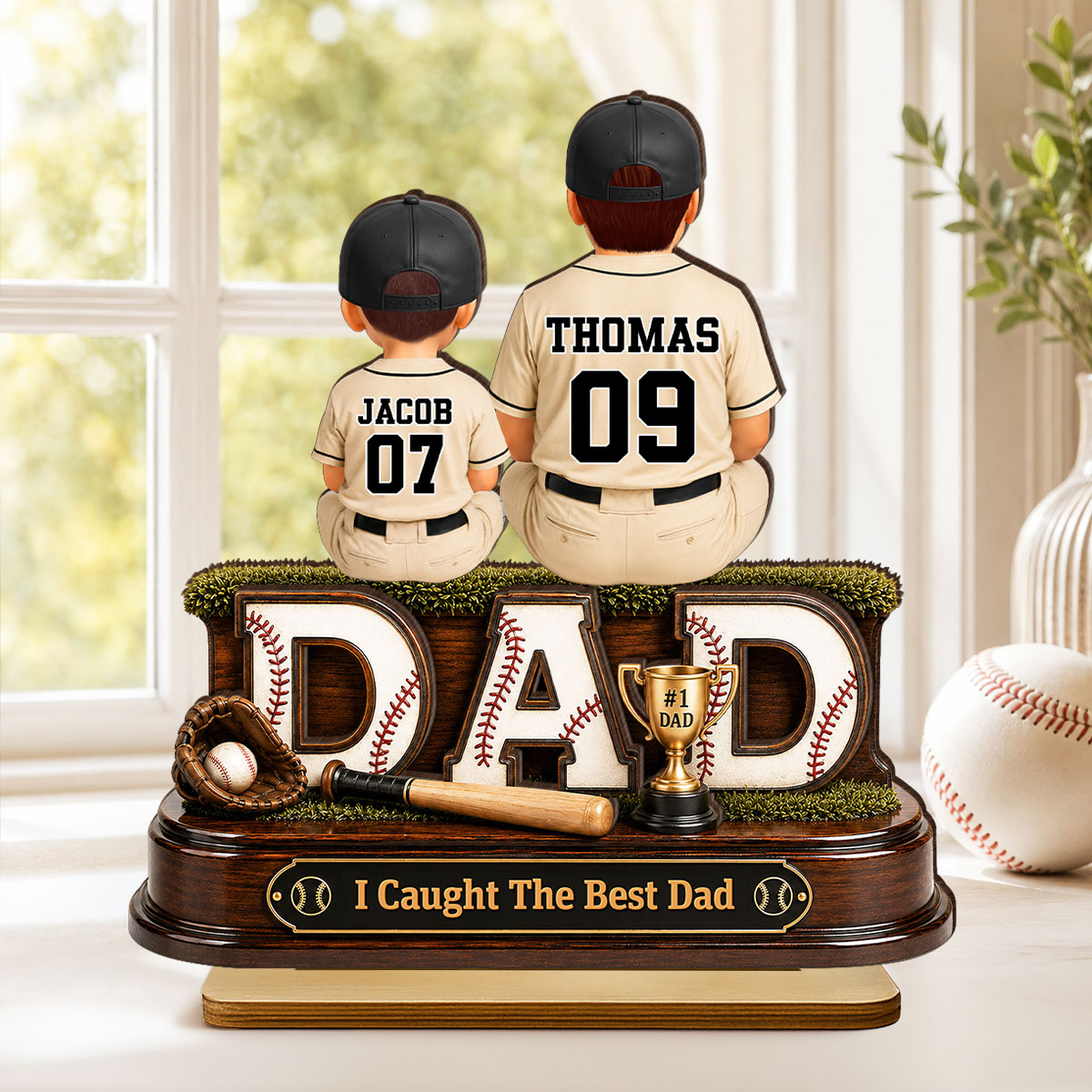 Baseball Dad and Children We Caught the Best Dad - Personalized 2-Layered Wooden Plaque -  Gift for Dad, Husband