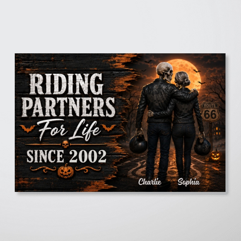 Skeleton Biker Couple Riding Partners For Life - Personalized Poster - Halloween Decor Gift, Gift For Couple