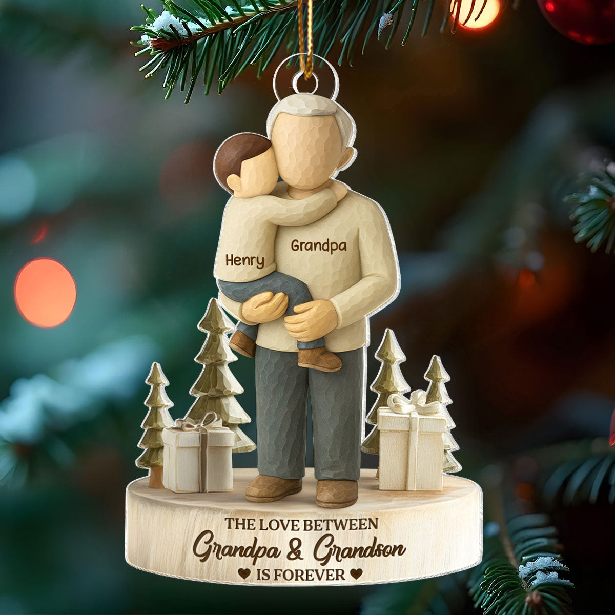 The Love Between Grandpa and Grandson, Granddaughter is Forever - Personalized Acrylic Ornament - Heartwarming Christmas Gift for Grandpa