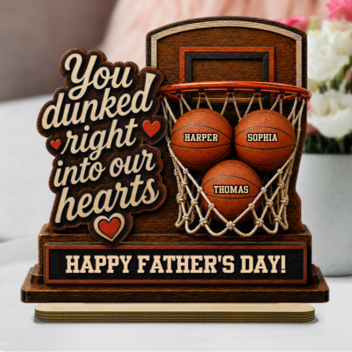 You Dunked Right Into Our Hearts Custom Name 2D Flat - Personalized 2-Layered Wooden Plaque -  Gift For Basketball Dad
