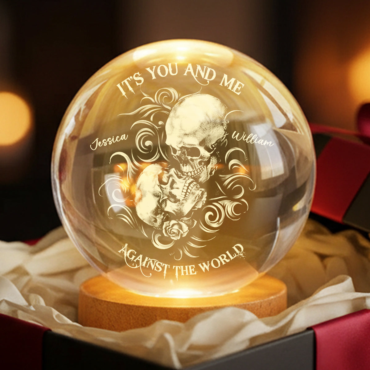 It's You and Me Against the World - Personalized Crystal Ball LED Night Light - Sentimental Valentine's Day Gift for Her, for Him