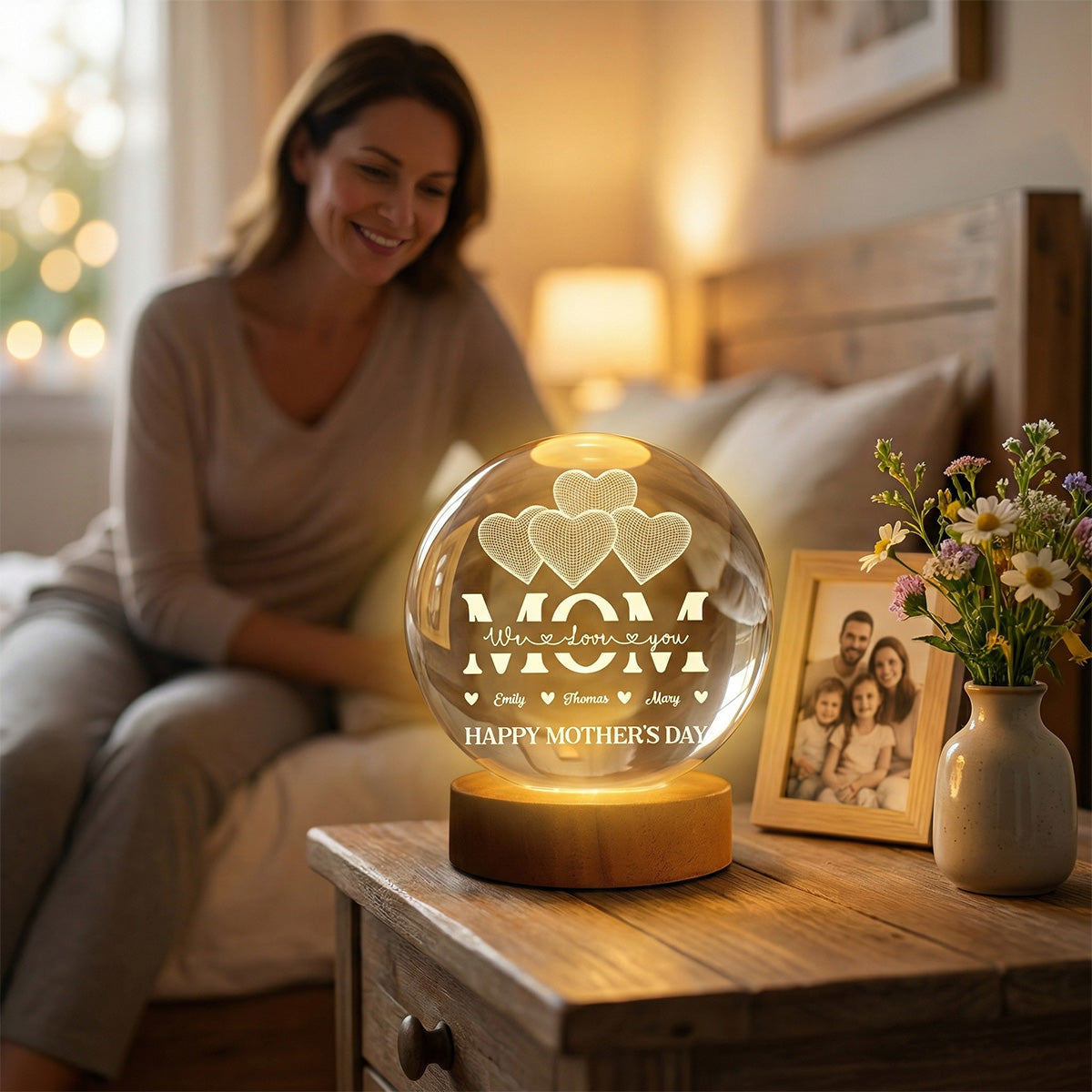 MOM Heart Love - Personalized Crystal Ball LED Night Light - Mother's Day Gift For Mom