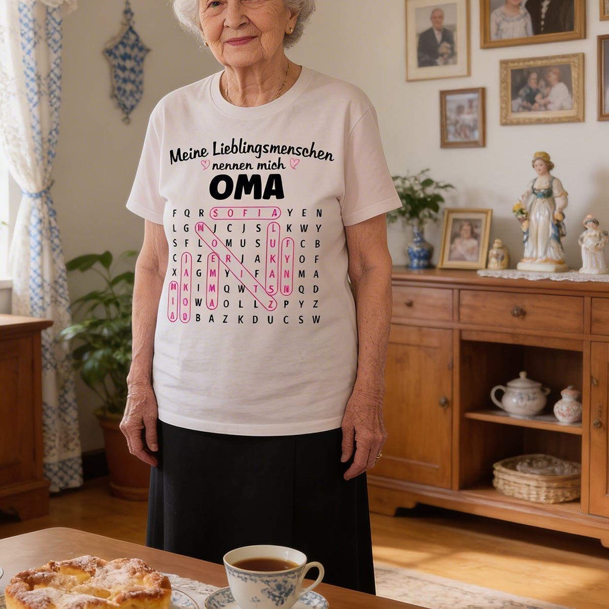 Meine Lieblingsmenschen nennen mich Oma Wortsuchrätsel – Personalisiertes Shirt – Geschenk für Oma
