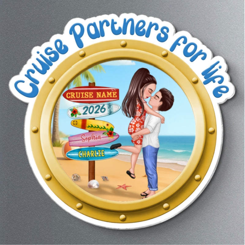 Cruise Partners For Life Porthole Doll Couple Hugging Kissing At Beach - Personalized Cruise Ship Door Magnet