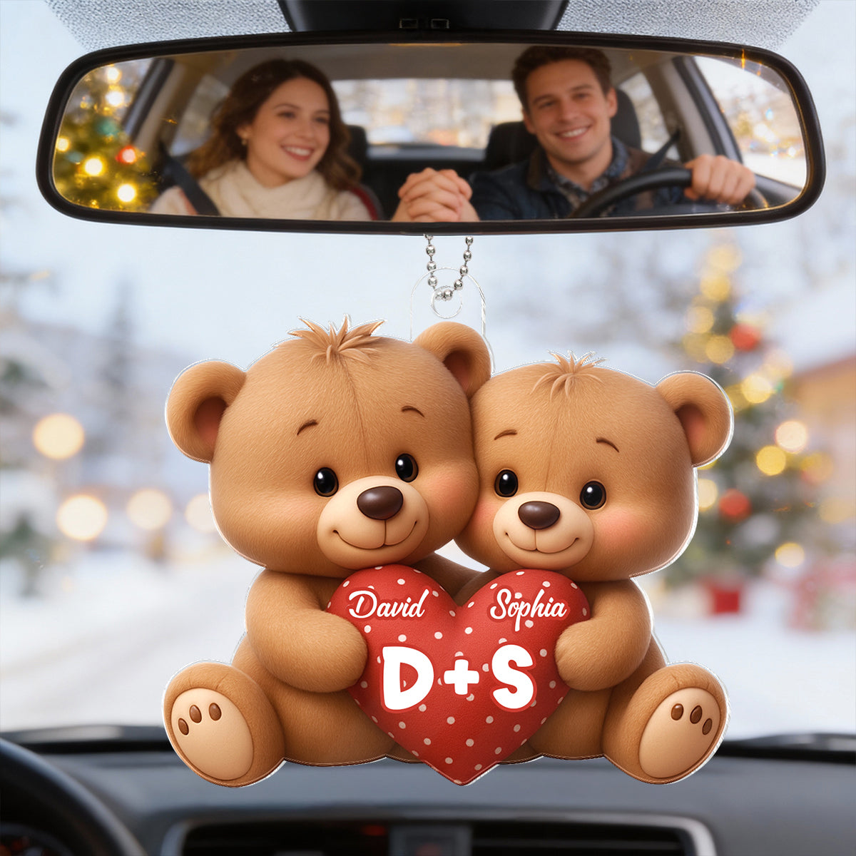 Bear Couple Holding Heart - Personalized Acrylic Car Hanger - Valentine's Day Gift for him, for her