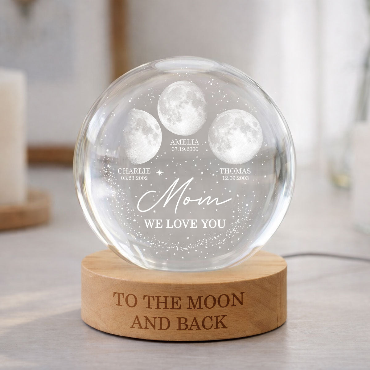 Love to the Moon and Back - Personalized Crystal Ball LED Night Light - Custom Moon Phase by Date, Mother's Day Gift for Mom, Wife
