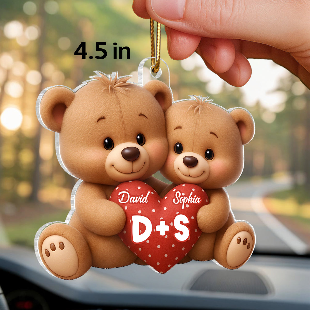 Bear Couple Holding Heart - Personalized Acrylic Car Hanger - Valentine's Day Gift for him, for her
