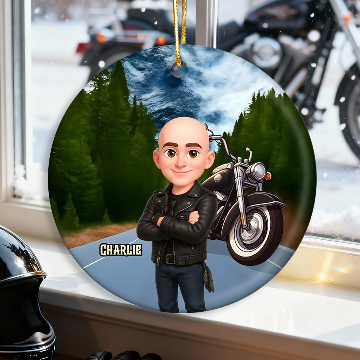 Biker On The Road Christmas - Personalized Ceramic Ornament - Gift For Bikers, Gift For Him, For Her