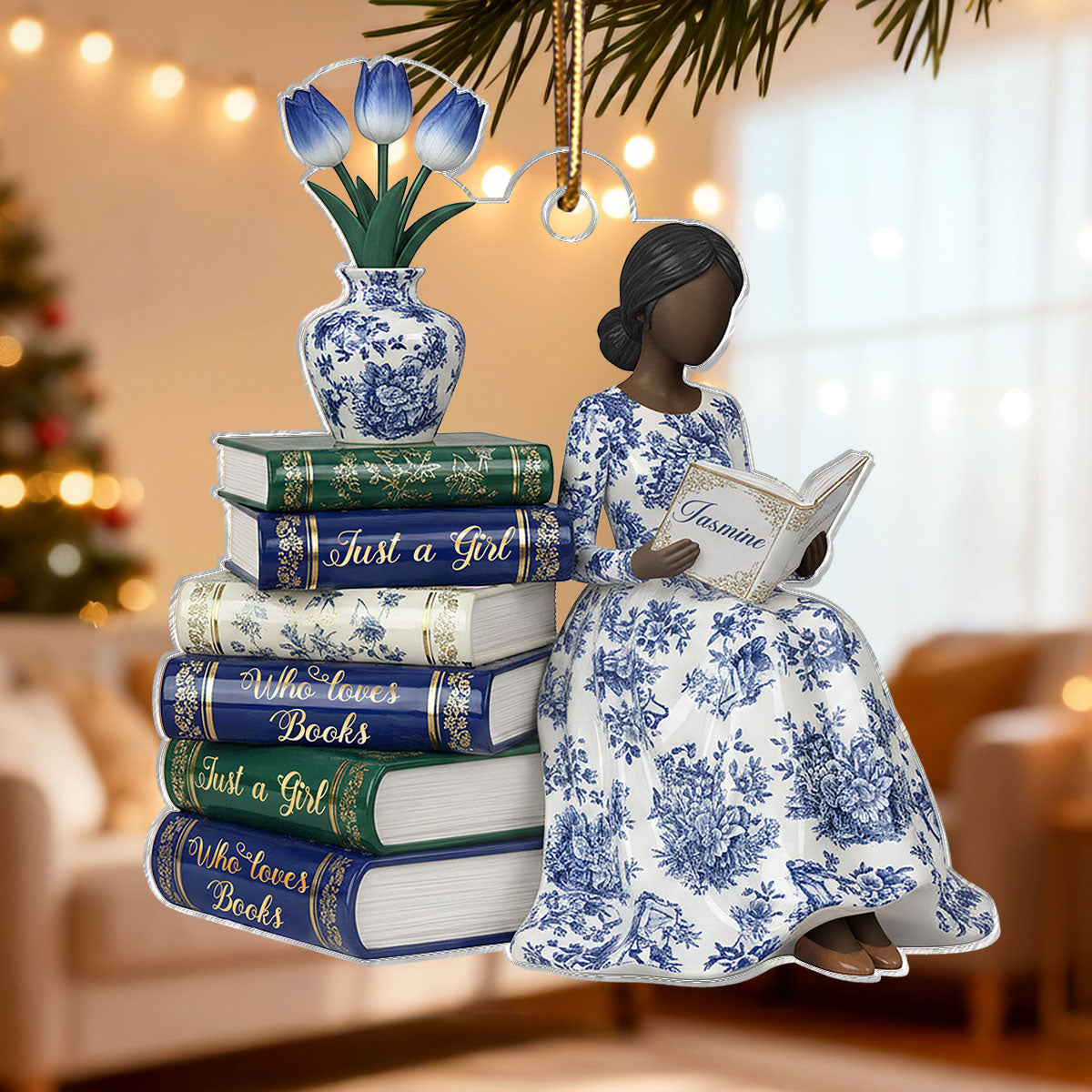 3D Effect Girl Reading Books Toile De Jouy Pattern - Personalized Acrylic Ornament - Christmas Gift For Book Lover, Bookworm